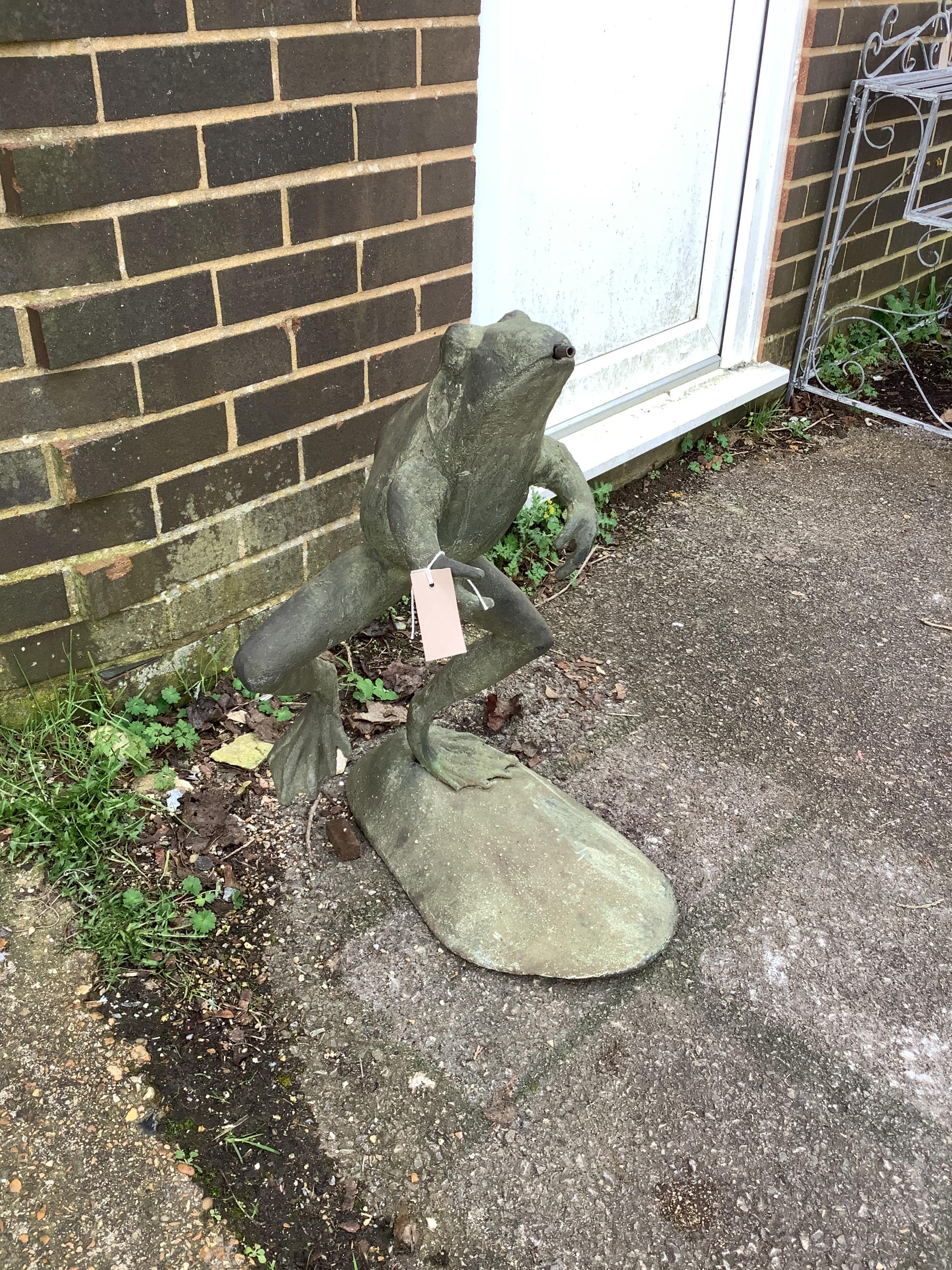 A cast metal leaping frog garden fountain, height 69cm